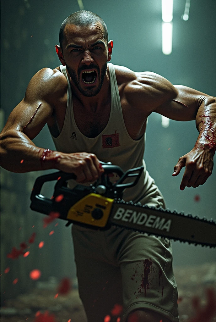  handsome shirtless muscular man with a brown beard laughing hands above head armpit grab, armpits tickled, machine  hands all over body, asylum room background 