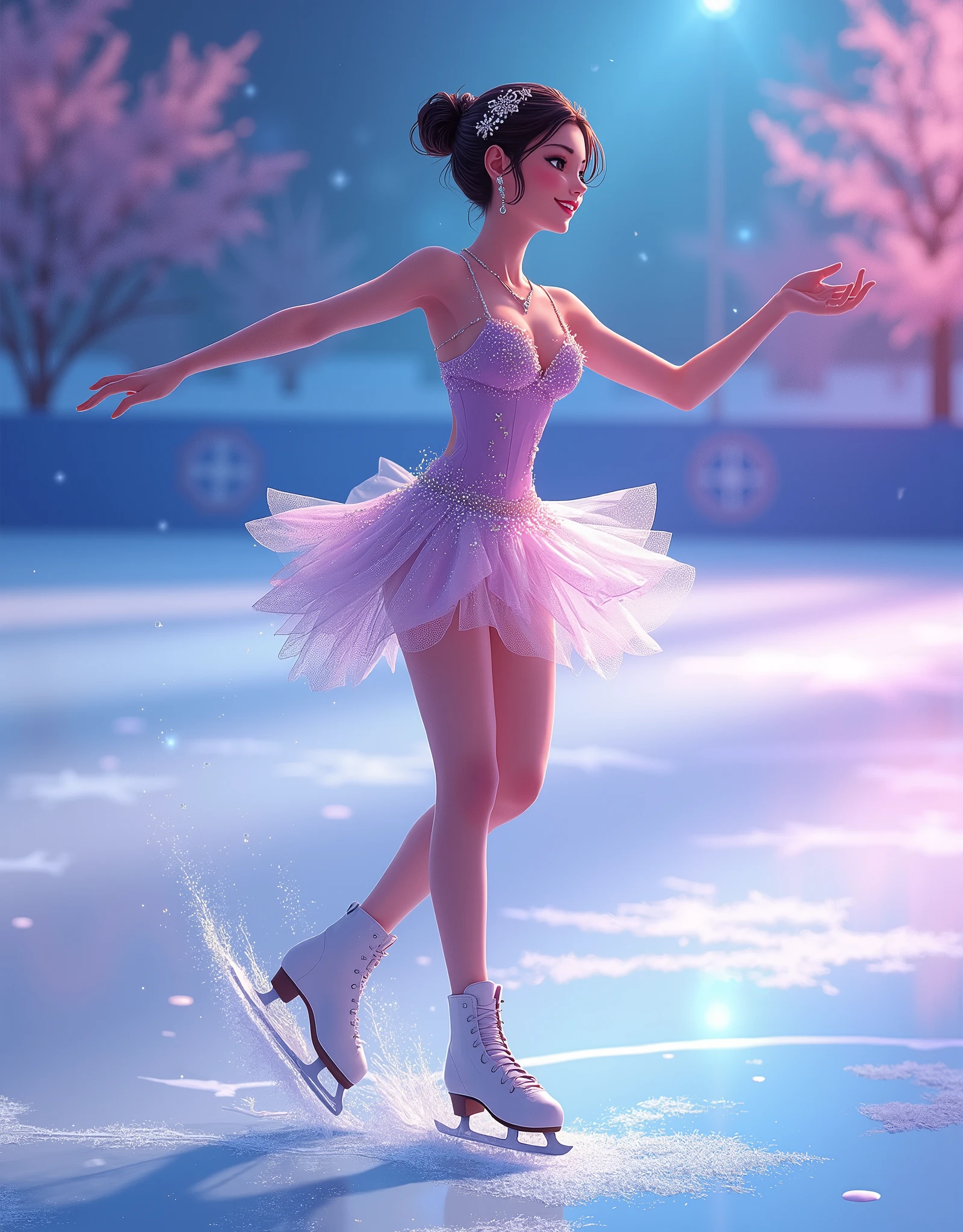 Very beautiful girls in anime,   full body view, Very beautiful girl with short hair updo ,  earrings,  necklace, Dancing on ice , ("  figure skater"), (dynamic:1.3), (Beautiful mini dress:1.5), blue purple pink , (  light up), (smile:1.3), 8k high resolution,  high image quality,  Animation Art , 