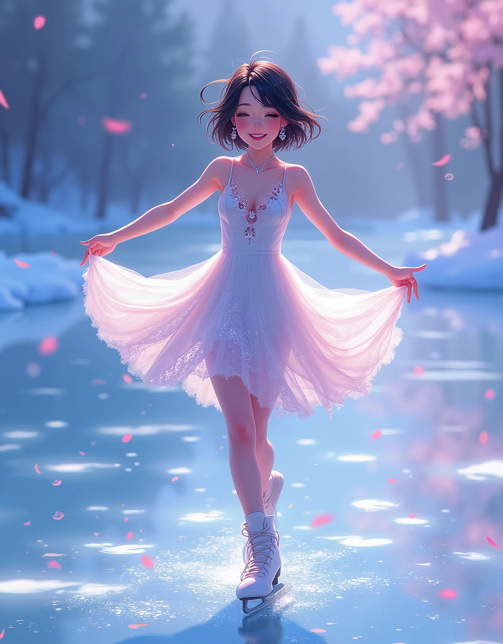   8K Anime Art ,  Very Beautiful Girl ,   full body view, Very beautiful girl with short hair updo ,  earrings,  necklace, Dancing on ice , ("  figure skater"), (dynamic:1.3), (Beautiful mini dress:1.5), blue purple pink , (  light up), (smile:1.3), 8k high resolution,  high image quality,  8K Anime Art , 