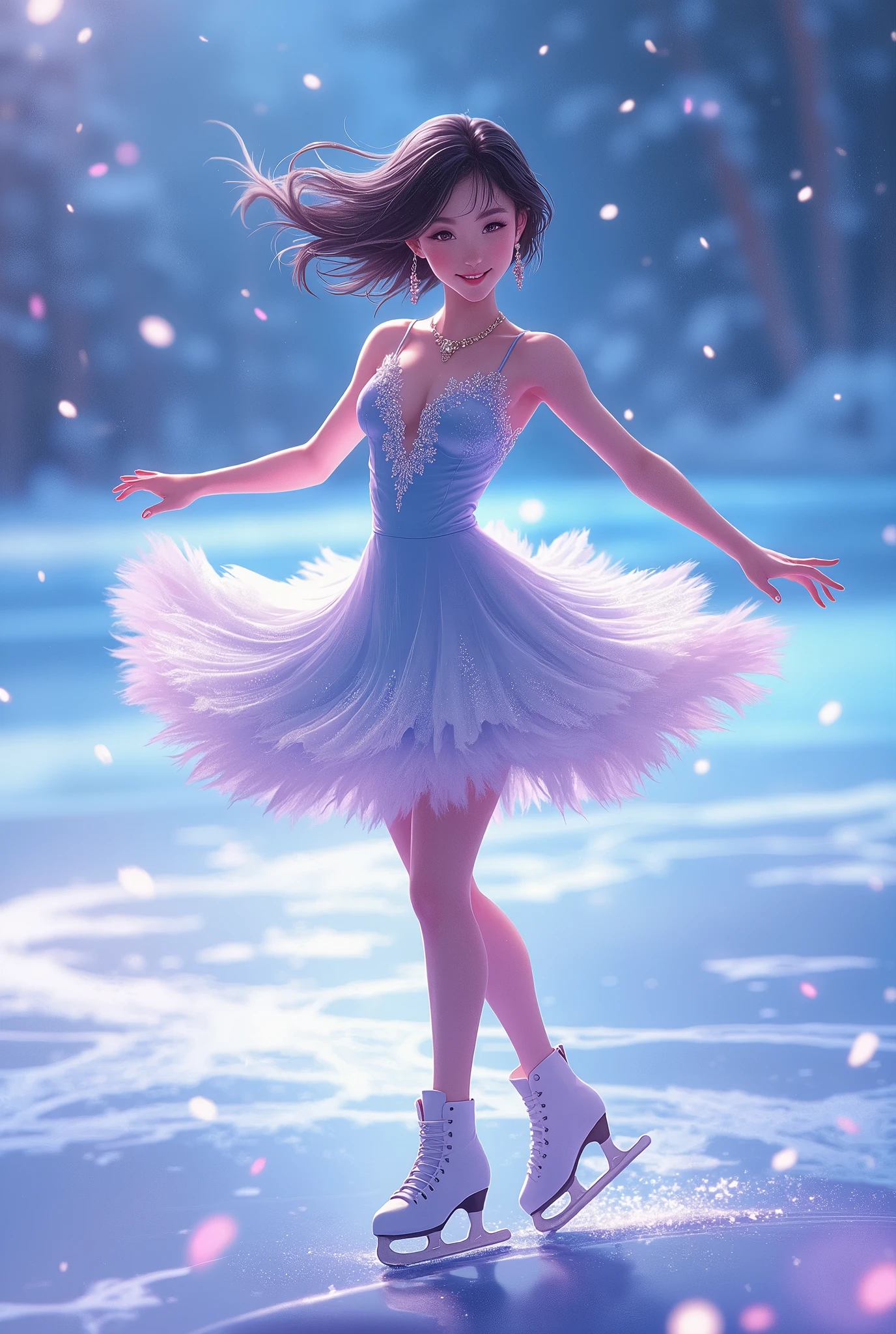   8K Anime Art ,  Very Beautiful Girl ,   full body view, Very beautiful girl with short hair updo ,  earrings,  necklace, Dancing on ice , ("  figure skater"), (dynamic:1.3), (Beautiful mini dress:1.5), blue purple pink , (  light up), (smile:1.3), 8k high resolution,  high image quality,  8K Anime Art , 