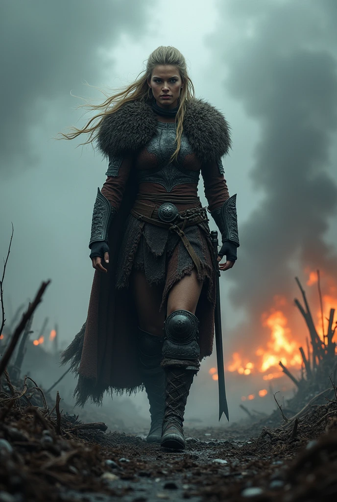 closeup award winning photo of Viking woman posing in a burning dark forest, look at a camera, (cinematic:1.5), epic realistic, hyperdetailed, insane details, intricate details, accent lighting, soft volumetric light, bokeh, (dramatic light:1.2), (neutral colors:1.3)