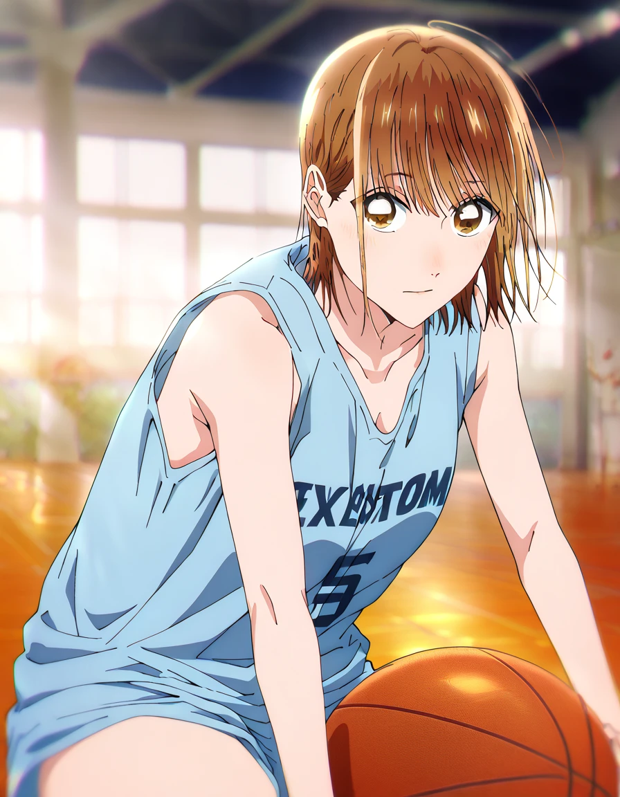    1 girl, Alone, Chinatsu,    Blurry Background,    brown eyes、    basketball uniform with a basketball in one hand 、    tank top、Bibs、 Inside is black 、naked 、 big 、    chest supported by large areolas  、   lean forward  、   place your hands on your knees、   small 、belly button、Gym、    Basketball Only   、 watching viewers against a tropical island in the background, masterpiece,  top quality,    High Quality  ,       very aesthetic   ,    absurd、(    Basketball Only   、  dribble、Move)、execution、  hopeless、   sweated、In motion、basketball ring   