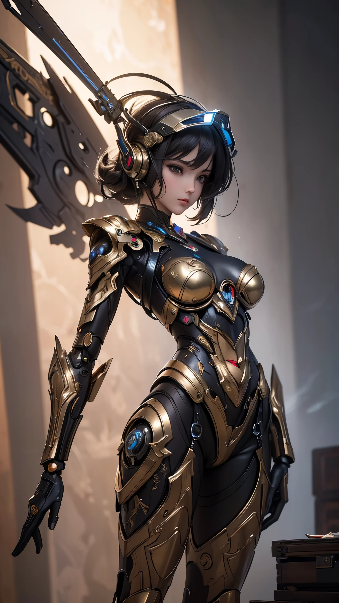 top-quality、​masterpiece、超A high resolution、(Photorealsitic:1.4)、Raw photo、女の子1人、Black hair、glowy skin、1 Mechanical Angel、large metal wings、Shining Angel Circle、((super realistic details))、portlate、globalillumination、Shadow、octan render、8K、ultrasharp、Colossal tits、Raw skin is exposed in cleavage、metals、Details of complex ornaments、More about cyberpunk、Glowing LEDs、IC chips、Base、Data Links、Hydraulic cylinder、highly intricate detail、Realistic light、a purple eye、radiant eyes、Facing the camera、neon details、Mechanical limbs、blood vessels connected to tubes、Mechanical vertebrae attached to the back、mechanical cervical attaching to neck、cowboy  shot、Wires and cables connecting to the head、Luminous tube、Small LED lamp、Sumerian details、