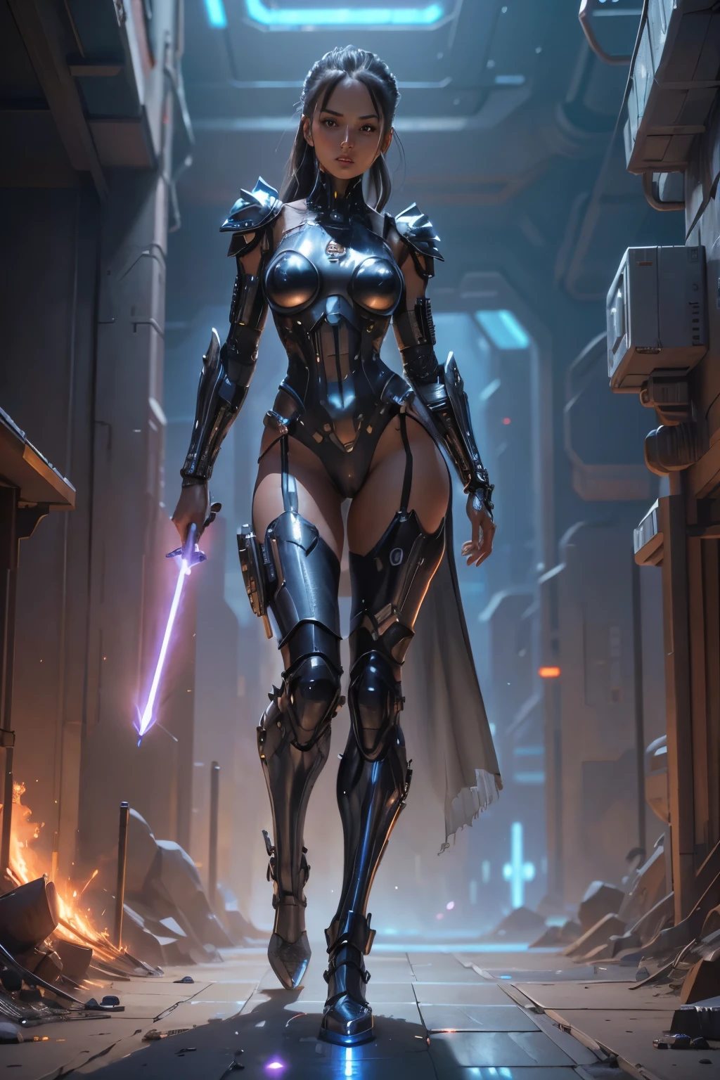 Image of a woman and a boy, (realistic, detailed, best quality), full body, holding laser sword, dynamic pose, naked futuristic armor, cyberpunk background