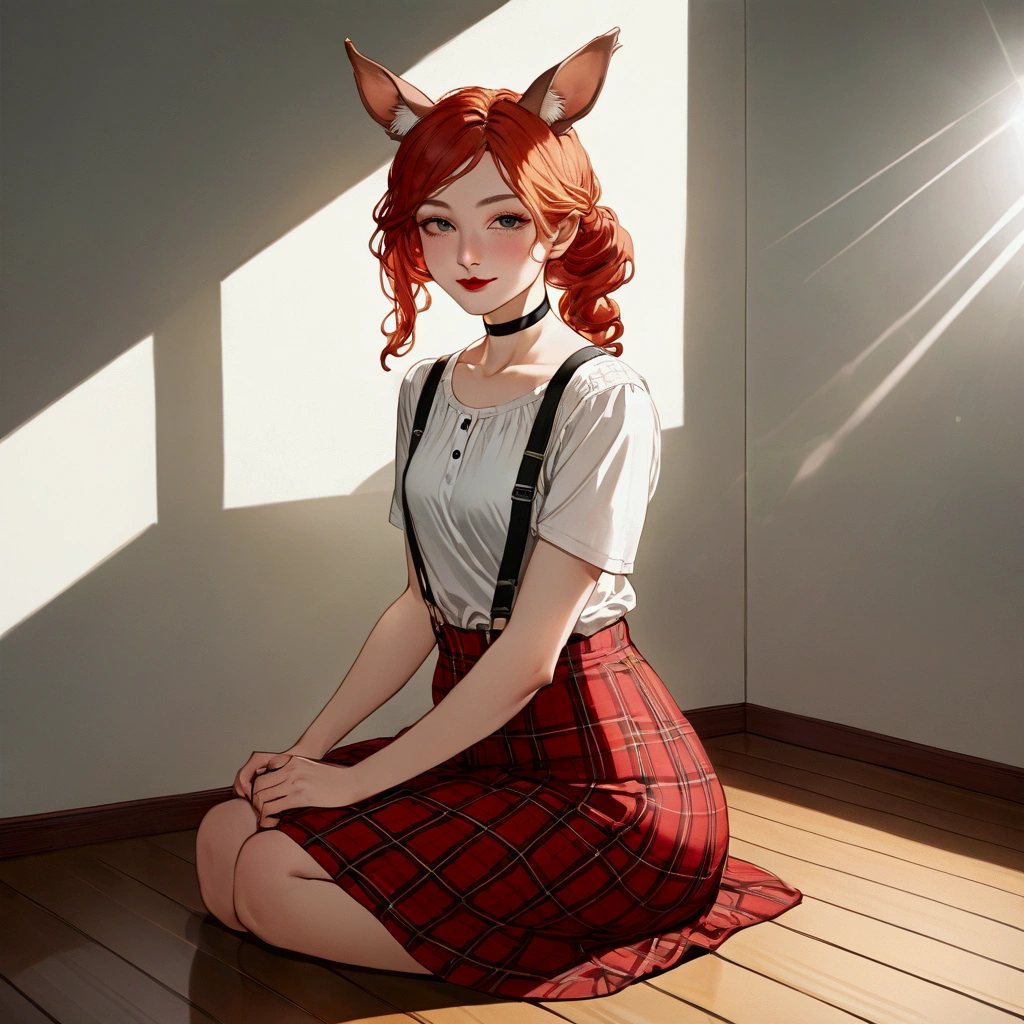 green smoke, weed, 1thin girl, (fur ears:1.2), ginger wavy long hair with ponytails up hair, sharp nose, very big ass and very small chest, black choker and suspenders, wooden floor, very short white blouse with short sleeves, thin very red lips, school plaid red skirt, white walls, dark room, sunlight, sitting at home, little smile
