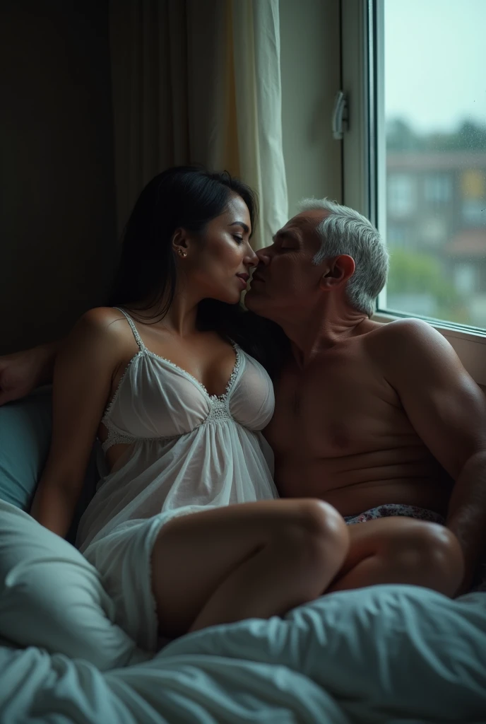 high quality, 8K Ultra HD, A Beautiful Pregnant Indian Woman lying on Bed Naked Showing her Large Breasts with Normal Black Nipples and Kissing a Old Man, Raining outside the Window.