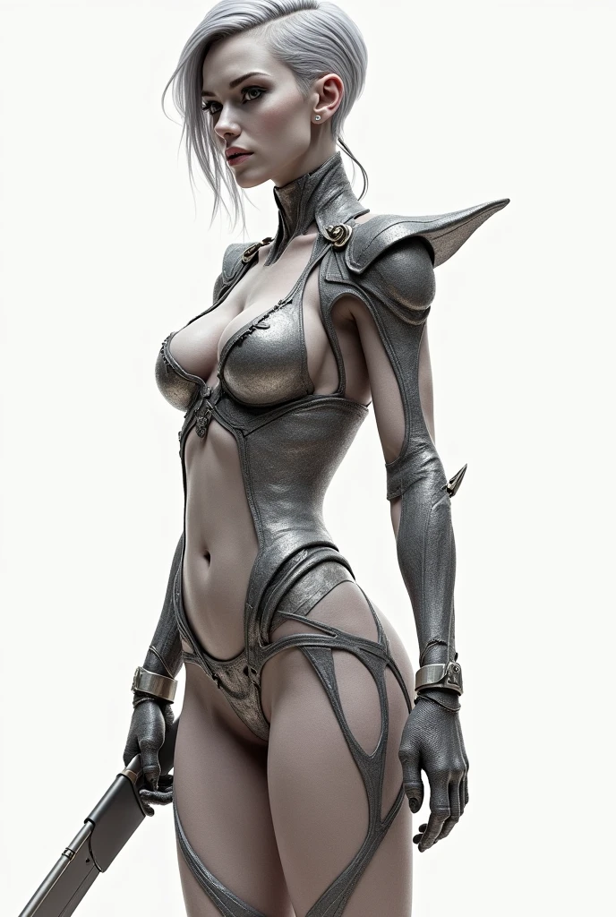 Ashe in a black latex outfit posing for a picture, commission for high res, white hair, villainess, full body x-force outfit, black latex, in leather armor, dominatrix, extremely detailed artgerm, mistress, (((1girl))), midriff exposed, from below
