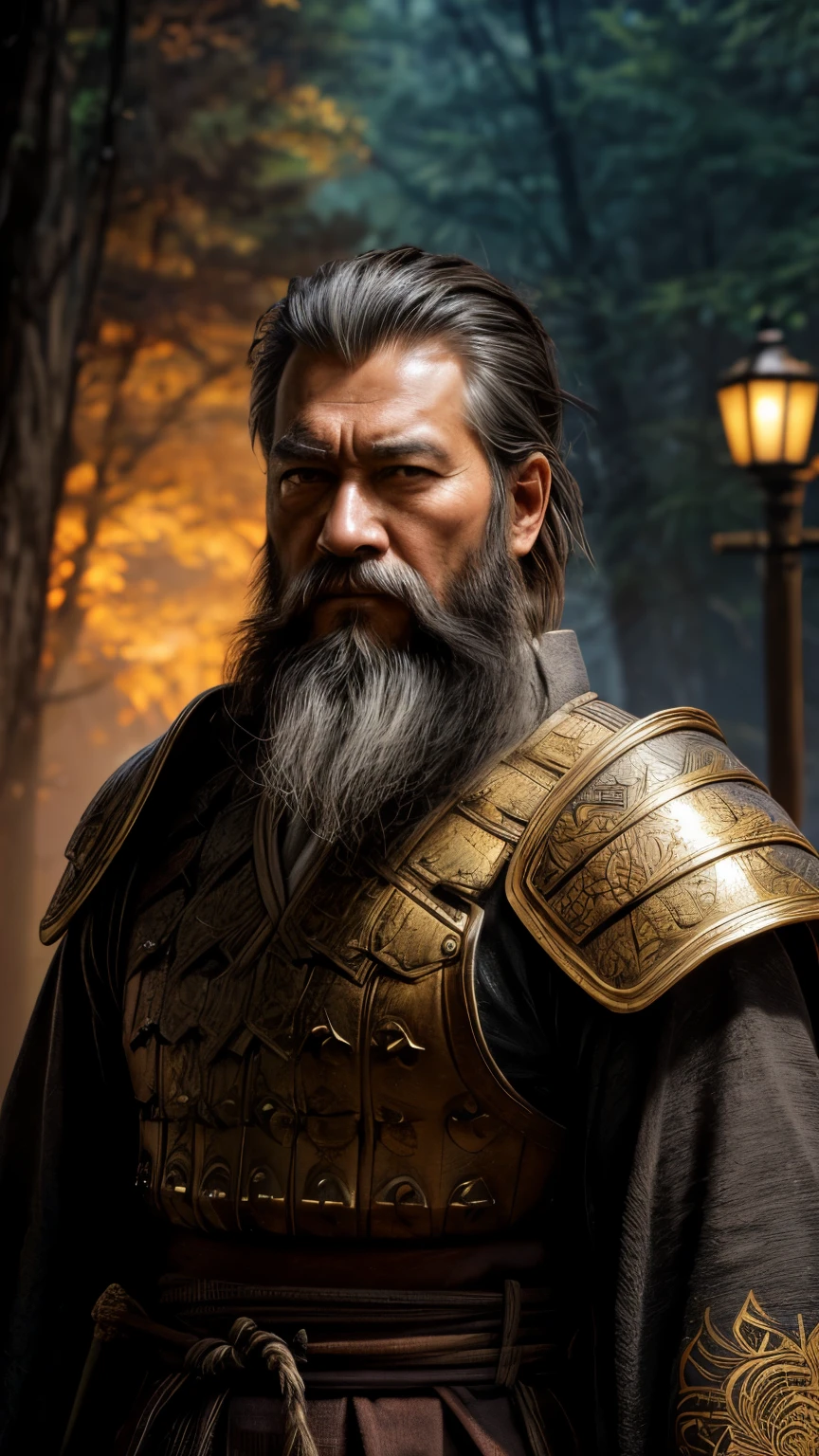 Envision an elderly, rugged Samurai featuring a formidable beard that glistens with dirt, and moisture. Behind him a forest drifts into eternity. On his shoulder is perched a small oriental dragon with golden eyes. He's wearing traditional samurai armour. The application of rough, intense brush strokes imparting texture. The dramatic interplay of light and shadow accentuates the profound bond between man and creature, and their unwavering resolve. The scene is depicted as an intricately detailed matte painting, immensely intricate, exhibiting the depth of these rich, intense colors.
"detailed matte painting, deep color, fantastical, intricate detail, splash screen, complementary colors, fantasy concept art, 8k resolution trending on Artstation Unreal Engine 5"
