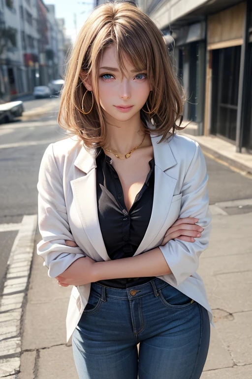 # basics 
The girl is posing for a photo, (( One Girl )), (((:1.2)) + ((cute:1.3))), 

#Clothing Accessories 
((( perfect black shirt :1.2)), (( white tailored jacket :1.4)), (( blue denim skinny pants ))), (  black high heels  ), 
( gold hoop earrings ), ( silver necklace ), 

#features 
((random hair style:1.3)),  
((Droopy eyes), (Kind eyes), ( blue eyes), ( big eyes:1.4)), 

#background environment 
(noon, (Sunlight hits,  quiet residential area on a slope )), 
#Facial Expression Pose  
((smile)), (( cross your arms a little) + (Stand tall、Hold Your Head High ) + ( attitude representing confidence and authority )), 
# Composition  
( towards the camera , (Frontal focus), ( cowboy shot)), 

#Body parts elements 
( slim figure), 
(Detailed hair ,  beautiful hair,  shiny hair ), 
(( thin eyebrows),  double eyelids in judo uniforms,  has long eyelashes), 
((Expression of fine eyes), ( Beautiful Delicate Eyes), (Sparkling Eyes), Eye Reflexes,  glitter eyeliner ), 
(Human Ear), 
(Beautiful Nose, Thin Nose), 
( glossy lips ,  beautiful lips,  Thick lips,  glossy lips ,  natural blush), 
(( detailed face ), Symmetrical facial features), 
(( detailed skin), textured skin,  Beautiful skin,  Glowing Skin , ( oily skin )),  Perfect Anatomy,

# high quality images high quality general  
((( top quality )), ((masterpiece)), (( very detailed bust))), (( super high resolution )), ((16k, 1080P)), ((【FHD)), 
( Anatomically Accurate ), ( realistic ), (3DCG), (Oil), 
#High quality images and illustrations, (CG illustration), 
# quality image quality others  
( Line Art), (oil pastel ), 