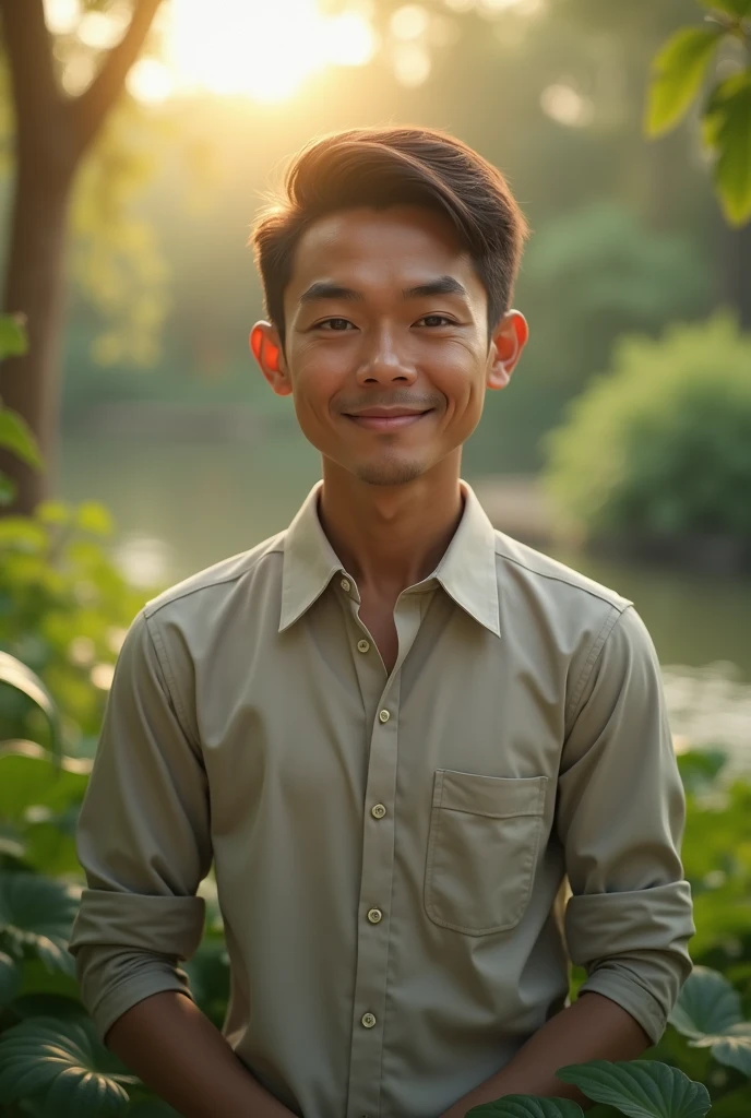 A handsome Indonesian man lightly smiling standing closed mouth