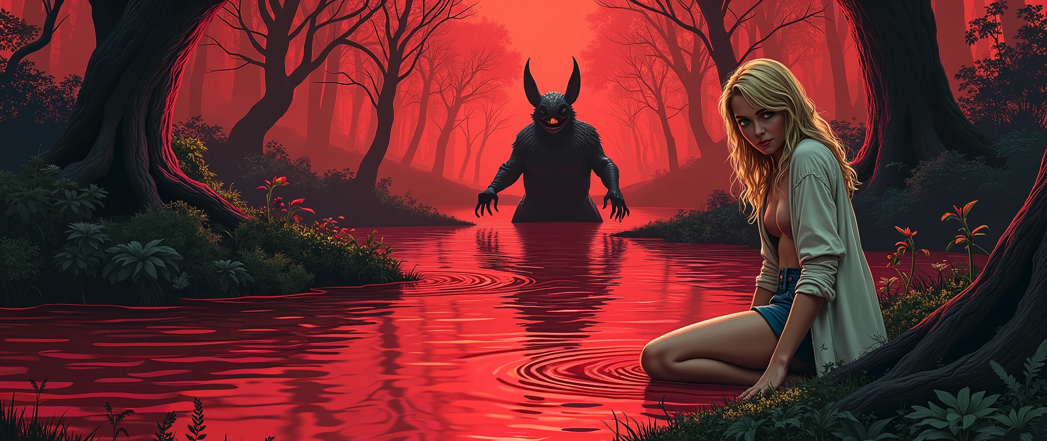 a beautiful detailed kitsune woman with long black fox ears and tails, glowing red eyes, highly detailed mature and curvy figure, large breasts, holding a towel, ruling over a lake with a huge red blood moon reflecting in the water, surrounded by a burning forest full of charred corpses, terrifying smile with glowing red eyes, body covered in dark sinister stains, (best quality,4k,8k,highres,masterpiece:1.2),ultra-detailed,(realistic,photorealistic,photo-realistic:1.37),HDR,UHD,vivid colors,extreme detail description,professional,horror,fantasy