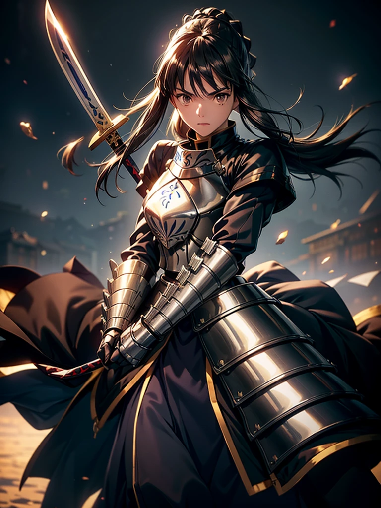 Girl in armor, Female Templar Knight, A girl in knight's armor, Beautiful female knight, Black kimono, black eye, Black Hair, Tight waist, Intimidating Appearance, cinematic lighting, close-up, cowboy shot, UHD, retina, masterpiece, accurate, anatomically correct, textured skin, super detail, high details, high quality, award winning, best quality, highres
