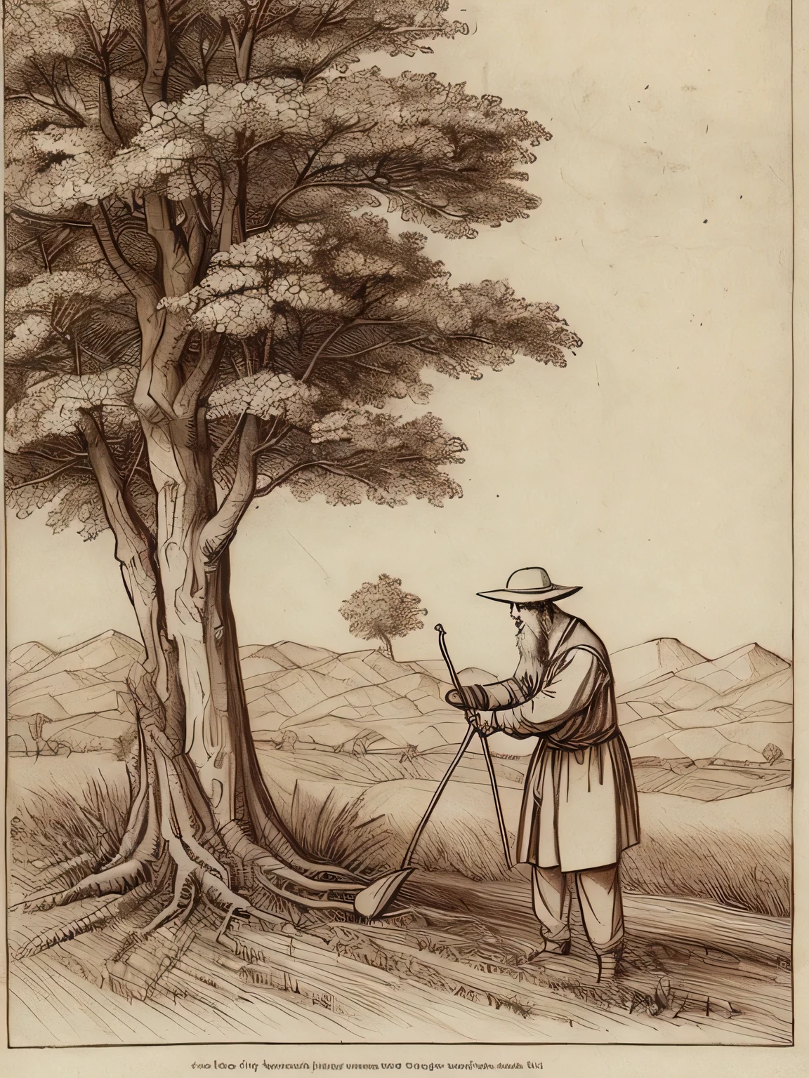 davinci sketch,An old man cutting a tree and a  planting a tree ,sepia,(manga style),(sketch),(illustration),