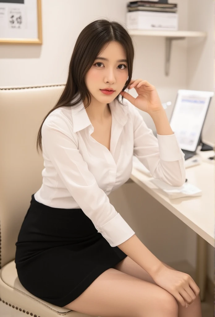 Thai Women Long Black Hair, white collared shirt , office lady,Black pencil skirt sitting on a chair, office, Side view,Bare legs