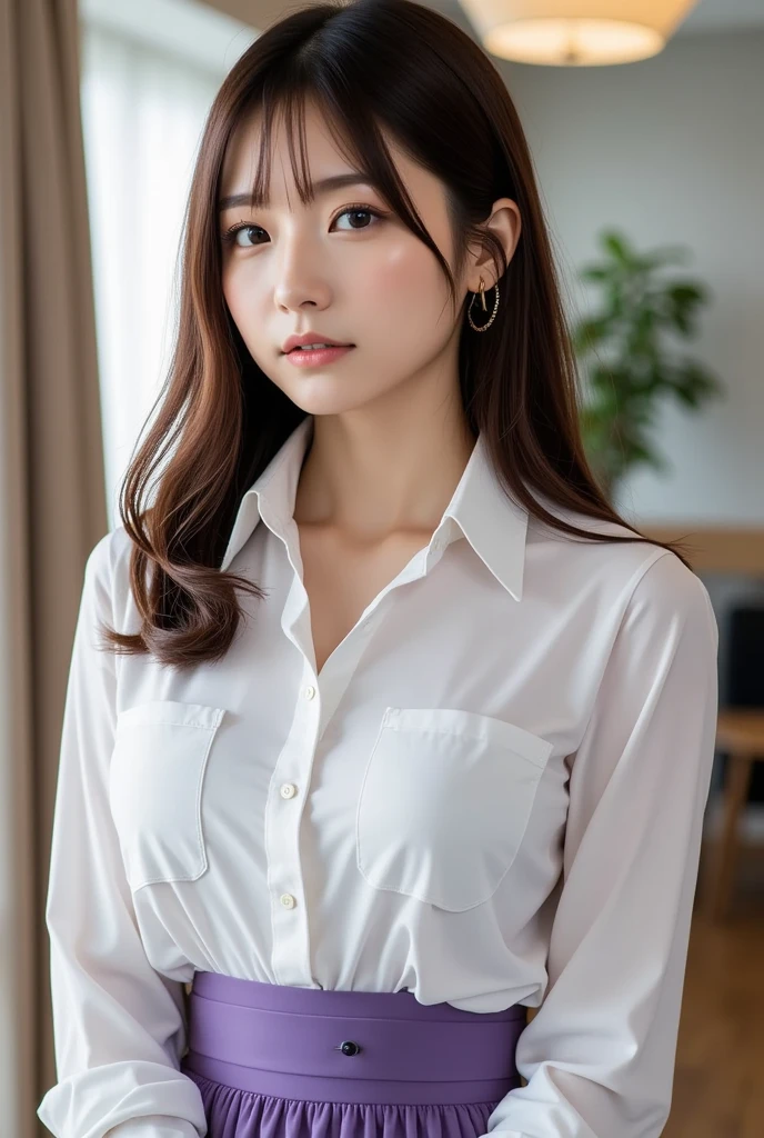  1 beautiful woman,   high heels、Chin-length brown hair 、26 years old、White shirt、 purple long skirt、Height: 155cm、Bust 89cm、Waist 58cm、Hips 88cm  、Shiny whitening 、 announcer、 is wearing high heels、round face、 Big Breasts 