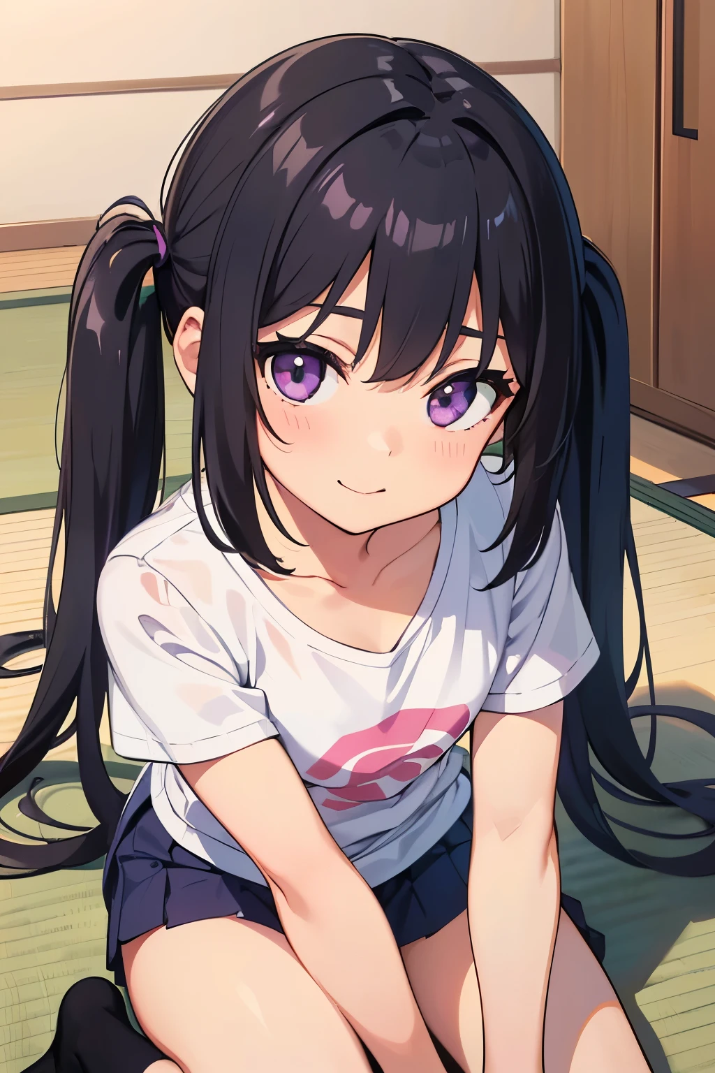 elementary school girl 8-year-old flat chest black hair long hair eyes are purple((1 person)) Upper body plain white T-shirt Lower body black tight leggings naked from the thighs down barefoot girl's room 立っているbarefoot中心のアングル dynamic angle Low - Angle