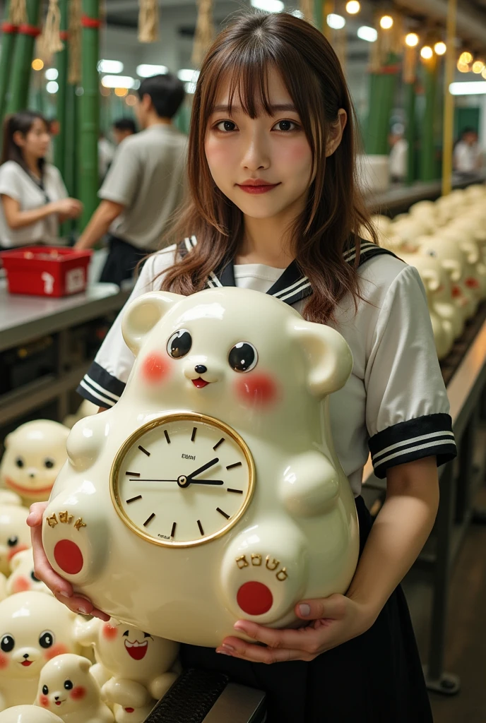 ultra-realistic, photorealistic, dramatic scene, shadow, global-illumination, solo, very beautiful Japanese woman, she is high school student, she works part-time at the factory, very beautiful with very cute but boyish cool face, wearing high school sailor uniform, she is working at the realistic anime-figure factory, She is holding a realistic daikon shaped clock that is being carried on a conveyor belt, Many identical clocks are being carried on a conveyor belt in an orderly fashion, the cute clock that she is holding is 1 daikon\(white porcelain, analog clock, intricated detailing, antique, elegant, daikon radish shaped clock, Meissen, Cibulak, Glossy and smooth surface, large, very cute, smile, chubby, full body\), the factory is gorgeously decorated with bamboo and festive Christmas illuminations, shoot from side