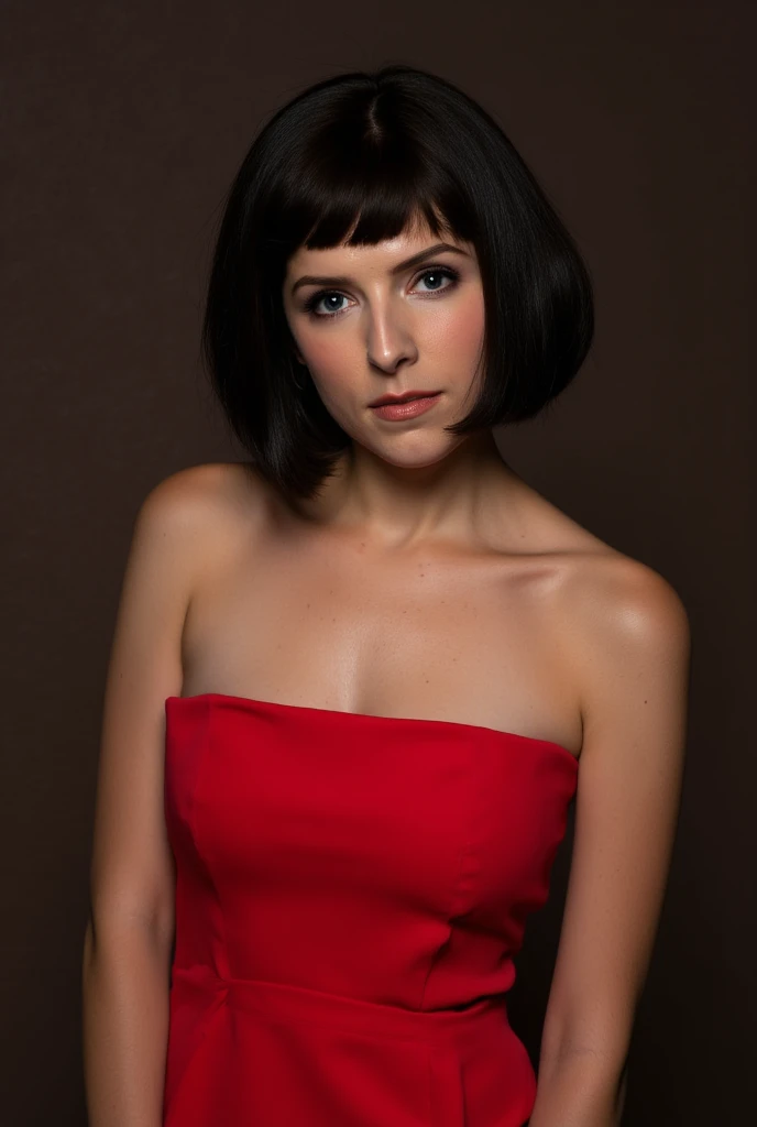 4nn4ken, standing frontally, detailed face, red strapless dress, black bob cut hair with bangs, seductive