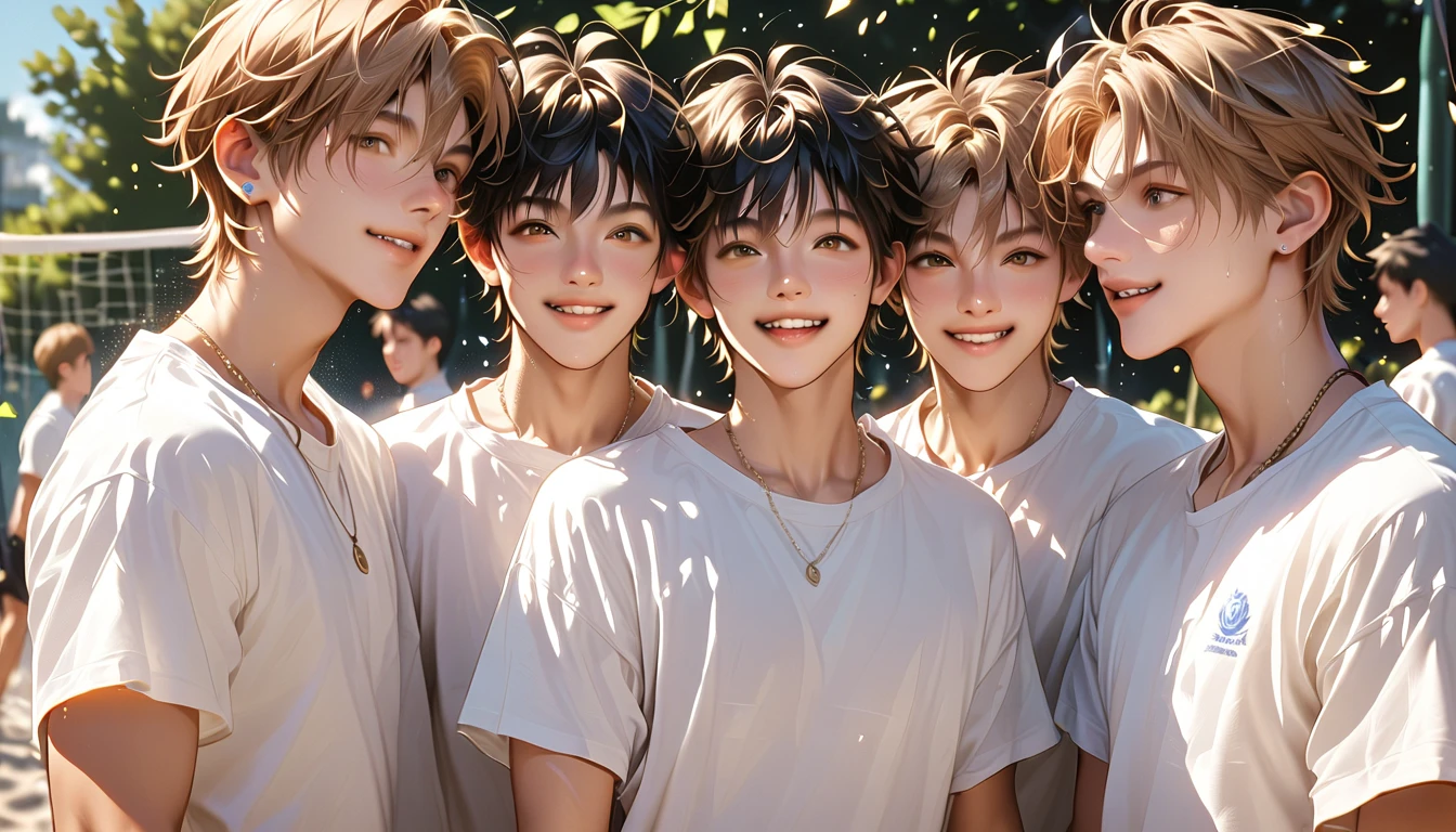 a group of completely naked young and skinny boys play volleyball together in a park. they have no hair, they are very beautiful, very young and only wear a t-shirt with happy expressions.