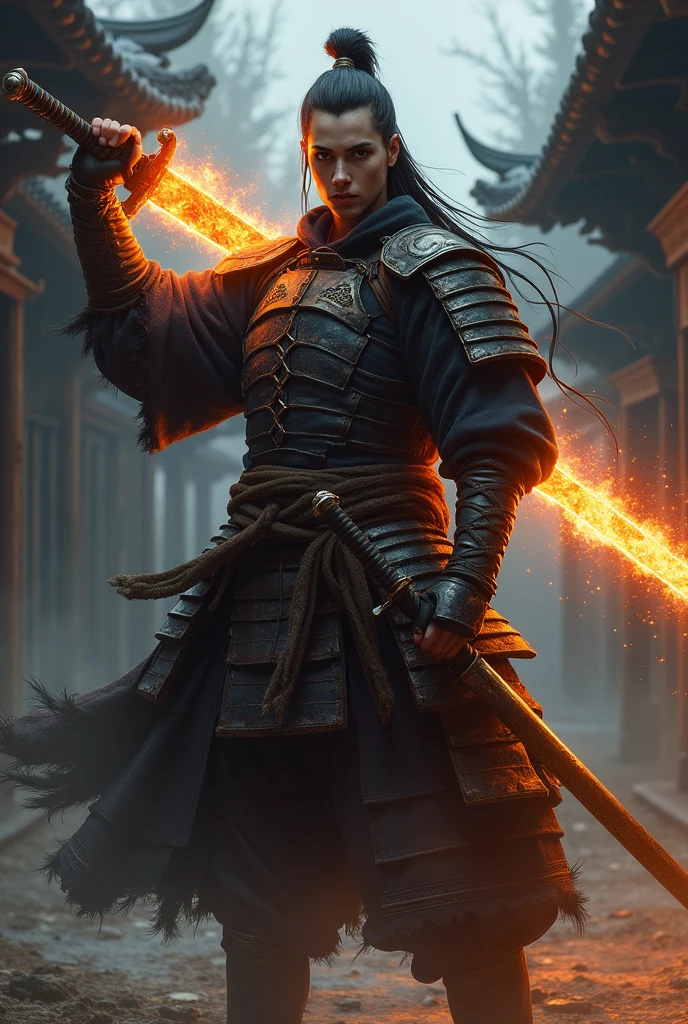A samurai with a fiery sword and an unremarkable face - SeaArt AI