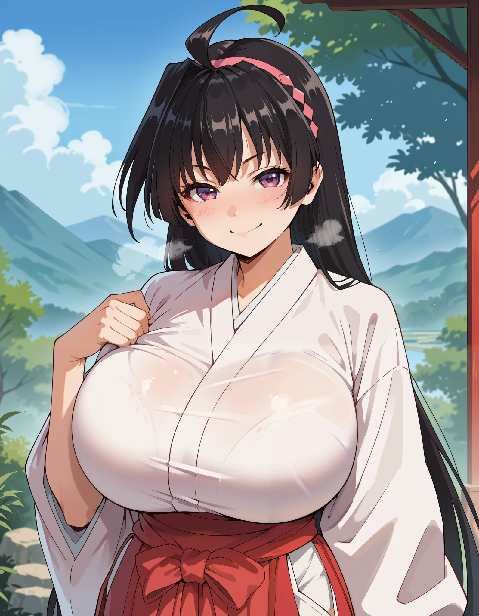 score_9, score_8_up, score_7_up, source_anime, ayako mochizuki, long hair, black hair, purple eyes, ahoge, hairband,, skirt, japanese clothes, hakama, miko, red hakama,,outdoors, domestic life, fresh air, blue sky,(smile),naughty smile, looking at viewer, Alone,,(huge breasts:1.2),(round breast),(big tits),(wide breasts:1.2),(big hips),(nalow waist),(slender),( big boobs in clothes), toned,
breath,smirk,nose blush,(breast focus),(breast close-up)