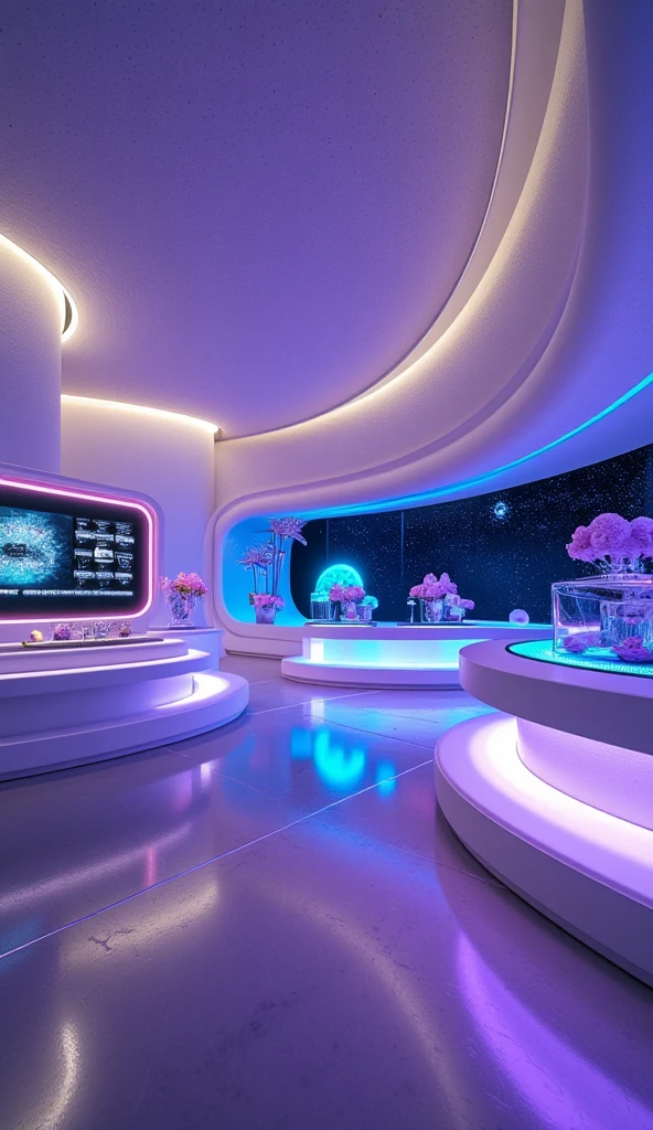 spacebylaushine,futurist-curve space,sci-fi of a large living room in house,blocked wall space,reflective wall and floor,illuminated by spotlight,with modern couch and table.There is a high-tech TV on the wall