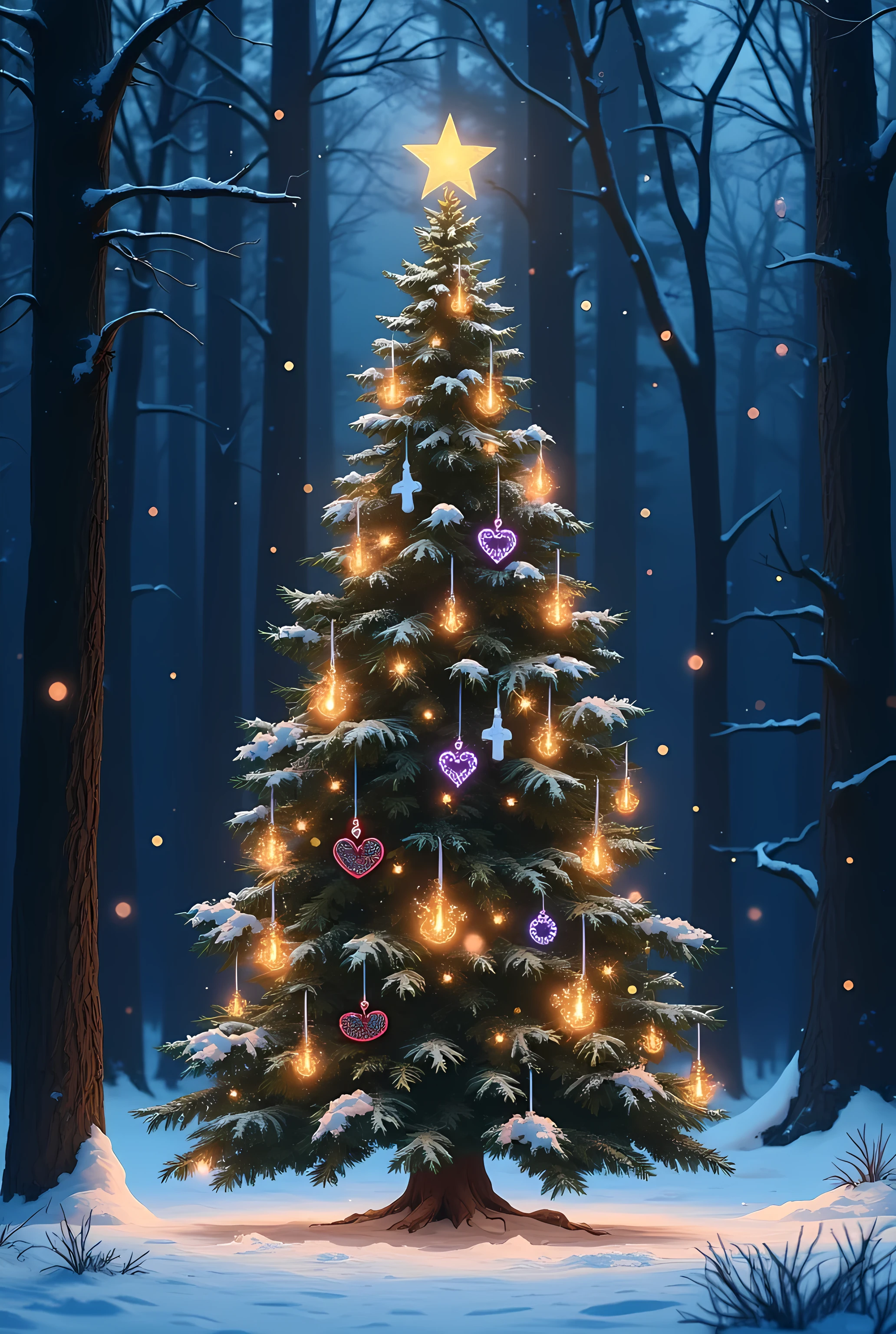 A snow-covered forest glowing under twilight, centered on an enchanted evergreen adorned with Taylor Swift-inspired ornaments: small gold guitars, white horses, purple hearts, red lips, baby blue polaroid camera, black and white snakes, and baby pink clouds. Soft snowflakes fall, glowing faintly with musical notes, creating a serene, ethereal Swiftmas wonderland.