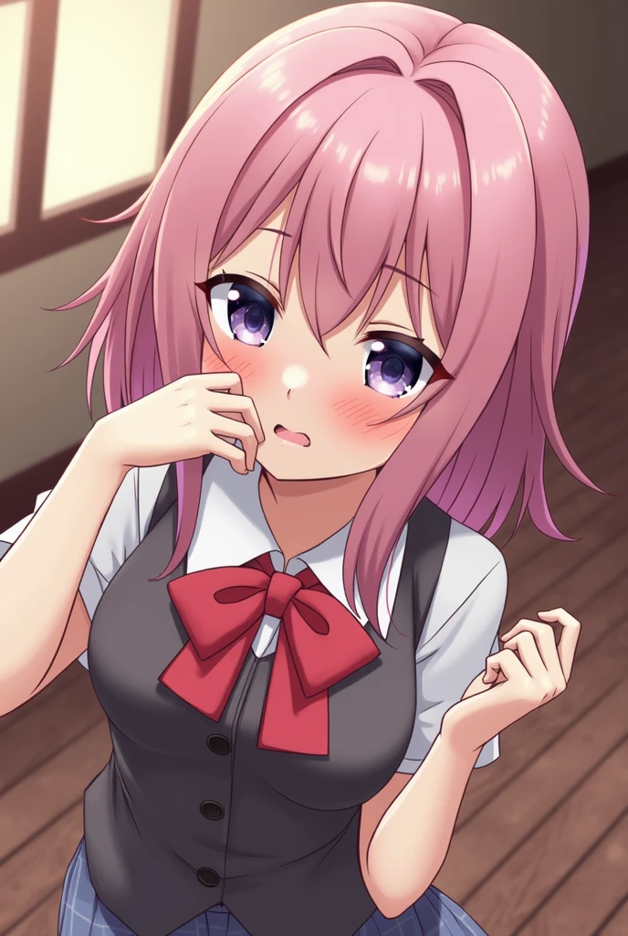 Jibril, blushed, (perfect anatomy), detailed eyes, detailed lips, extremely detailed eyes and face, vivid colors, sharp focus, masterpiece:1.2, ultra-detailed,  blushed, ((((cum on face, cowboy_shot, shirt, skirt)))), ((doggystyle)), (solo). 