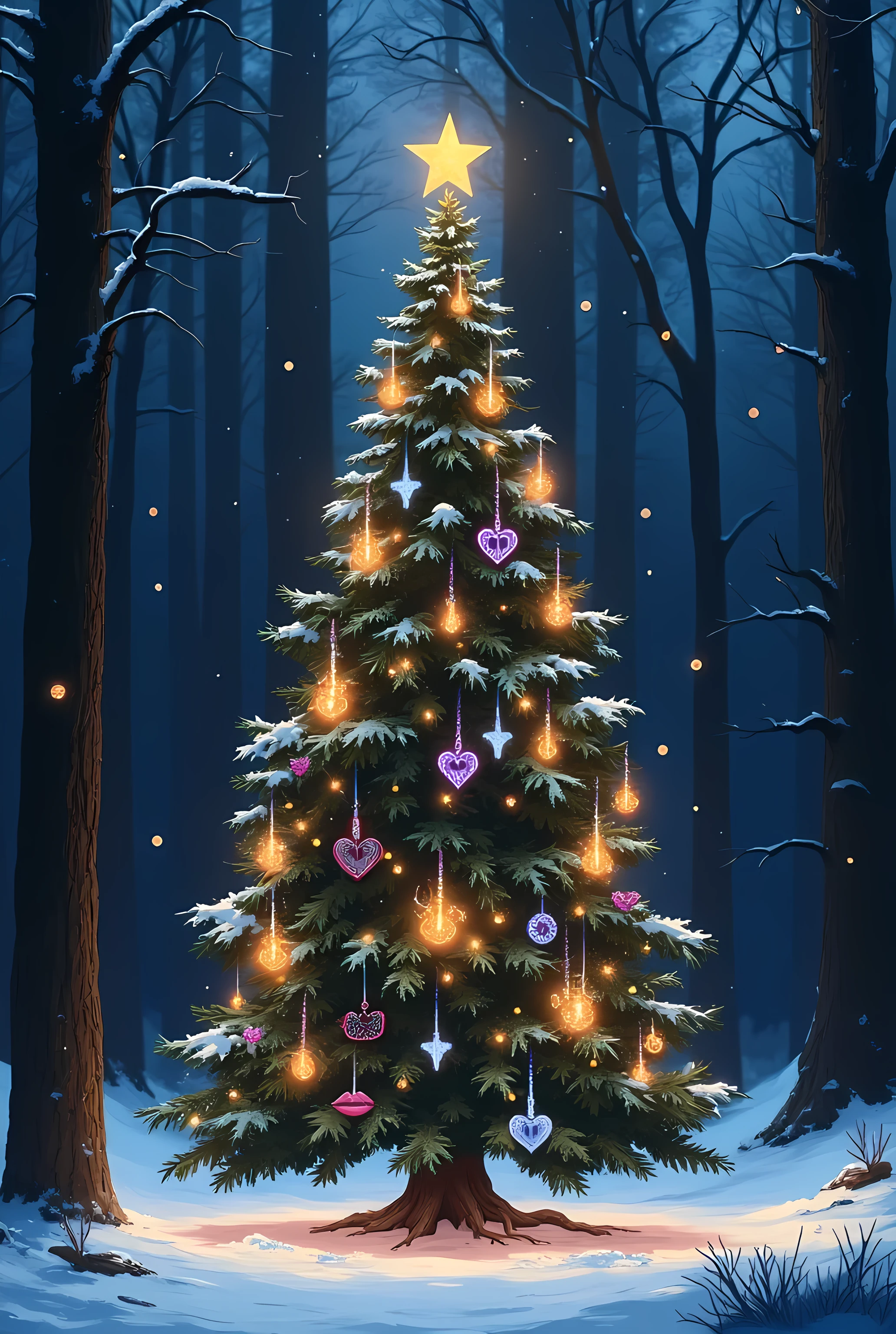 A snow-covered forest glowing under twilight, centered on an enchanted evergreen adorned with Taylor Swift-inspired ornaments: small gold guitars, white horses, purple hearts, red lips, baby blue polaroid camera, black and white snakes, and baby pink clouds. Soft snowflakes fall, glowing faintly with musical notes, creating a serene, ethereal Swiftmas wonderland.