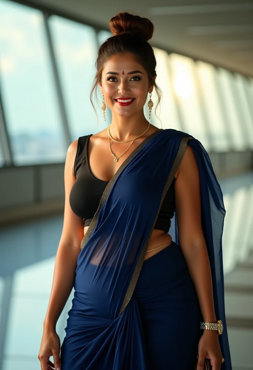 Navy blue saree and black sleeveless blouse, hair bun, fit and busty woman, showing navel and navel chain, navel is visible in saree, sexy navel, wearing navel chain,walking in airport, bright sunny day, sunrays penetrating, airport back ground,carrying hand bag in right hand, laeather watch, bindi in forehead, earrings, sexy makeup, sexy navel exposed in saree, tight body, curvy body, red lips, attractive woman, 8k details