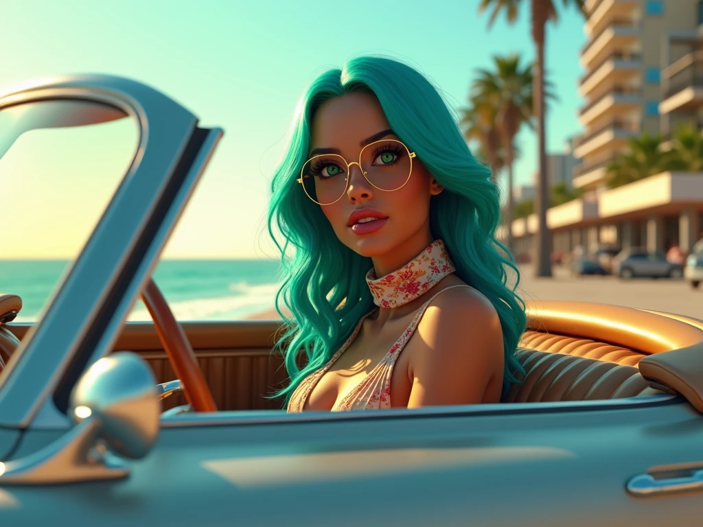 Woman age 25 blue hair brown eyes waring elegant fancy clothes driving a car in monaco