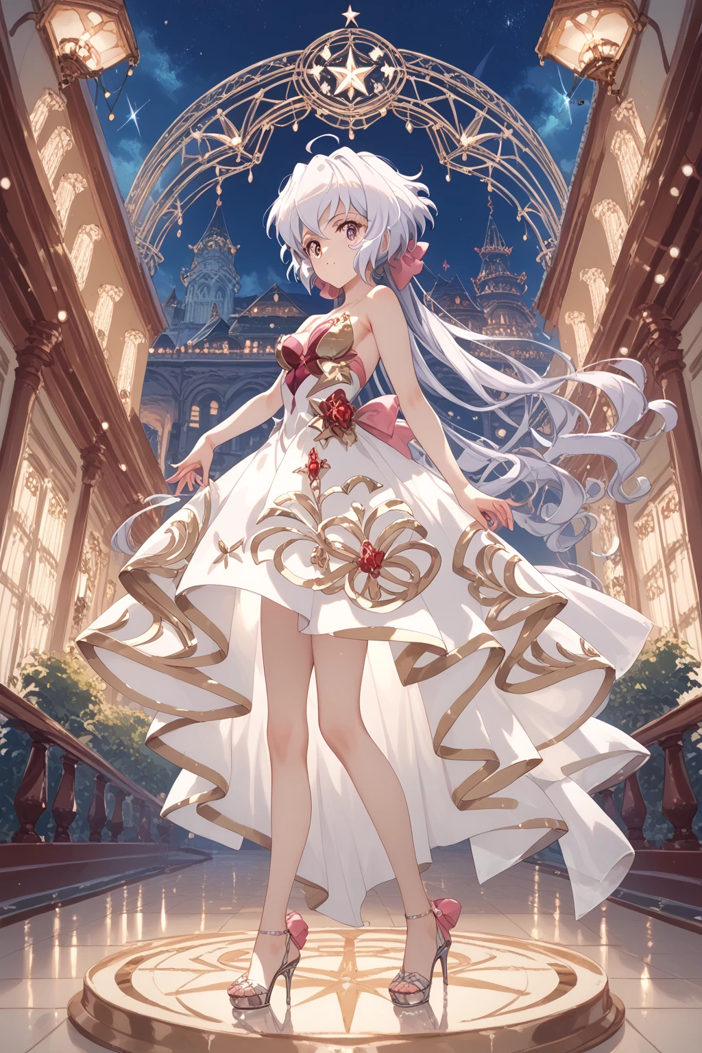 (Yukine Chris,symphogear),(silver long hair),One Girl,Pale skin,naked,(full length),Five fingers,Perfect hands,Masterpiece,gorgeous red fit and flare dress, night view on the roof of a building, lights,