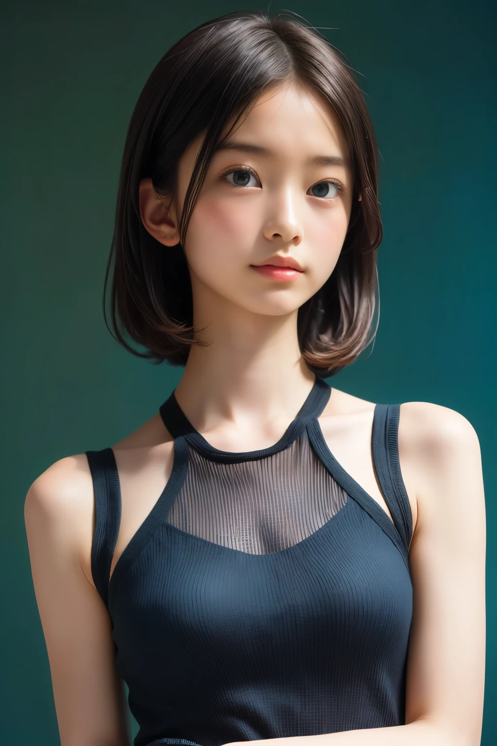(masterpiece, best quality:1.2), 8k, absurdres, (upper body:1.2), violaceaess, gardeniass, beautiful girl, (pretty face, detailed face:1.2), (crochet halter tank top:1.2), large breasts, looking at viewer, film grain, chromatic aberration, sharp focus, HDR, facelight, (simple background, dull blue background:1.3)