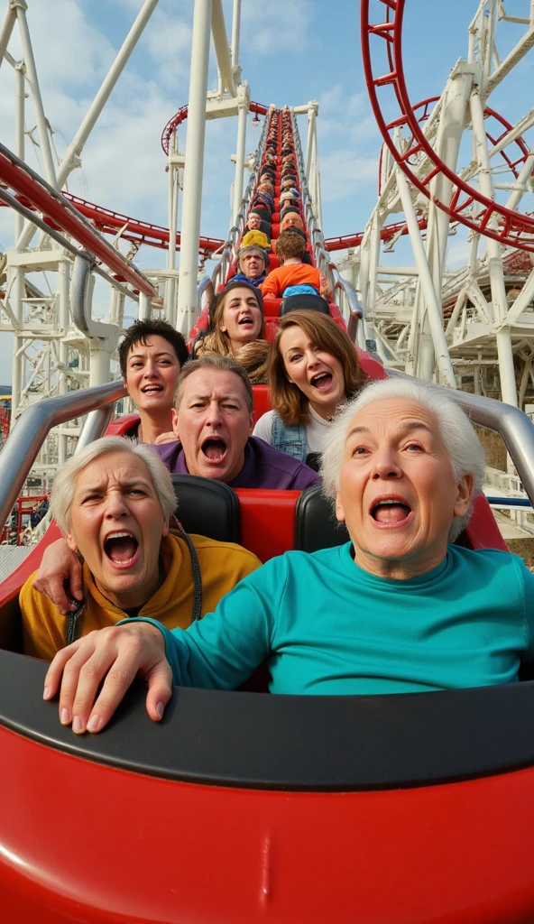 (((Amusement park thrill rides))),(Old people riding a roller coaster that rapidly descends almost at a right angle),( faint and scream　Mr.々The old people who show expressions ),