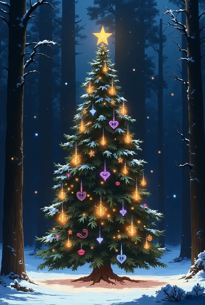 A snow-covered forest glowing under twilight, centered on an enchanted evergreen adorned with Taylor Swift-inspired ornaments: small gold guitars, white horses, purple hearts, red lips, baby blue polaroid camera, black and white snakes, and baby pink clouds. Soft snowflakes fall, glowing faintly with musical notes, creating a serene, ethereal Swiftmas wonderland.