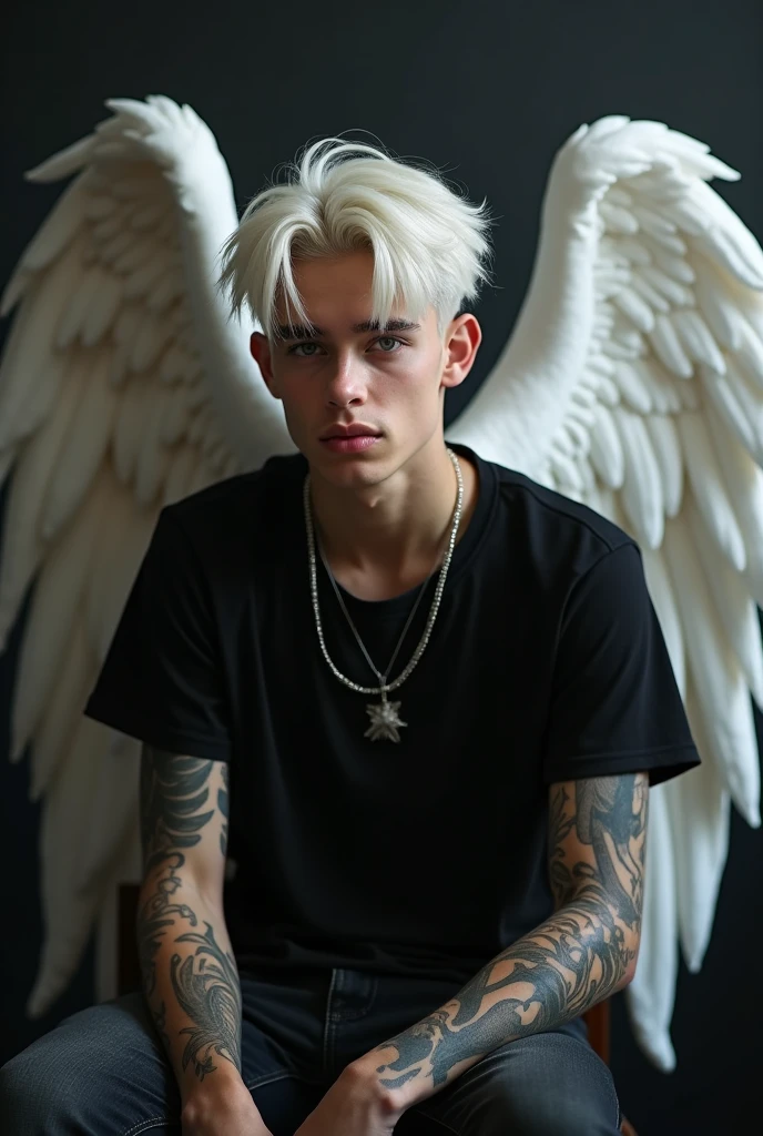 Boy white long hair perfect body setting on the chair and have tattoos with black t-shirt and necklace like a fairy face smooth skin pink lips and dark smoke background and have a big wings of an angel at the back