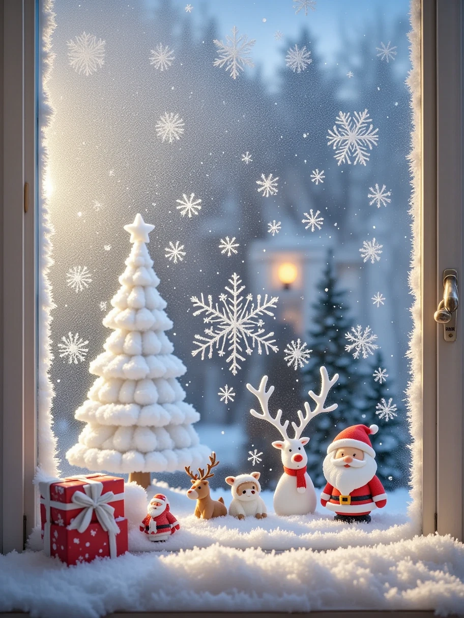  A Christmas house glass window ， paint with ice and snow on the glass window，White grainy ，Fantasy Christmas world，In a cosy room， 1  and 1  wearing Santa costumes enjoying Christmas dinner。The room is decorated with a tall Christmas tree，The tree is filled with shining lights and colorful decorations。Next to it is a pile of gift boxes，Exquisite packaging reveals expectations and surprises。Fireplace burning with warm flames，Various Christmas decorations are placed around，A funny portrait of Santa Claus hanging on the wall。 Tantalizing Christmas food on the table ，like gingerbread cookies，Candy canes ，Candy, etc。Kitten at feet lies on Christmas rug，Wear a red scarf， white fog on glass ， paint the picture with your finger ，Sense of story， picture pure white ice and snow particles ，Pure white picture