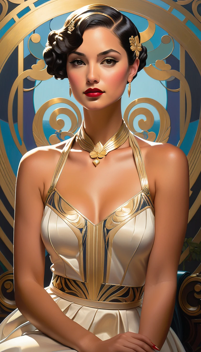 Beautiful woman in intricate Retro-Futuristic Art Deco Outfit