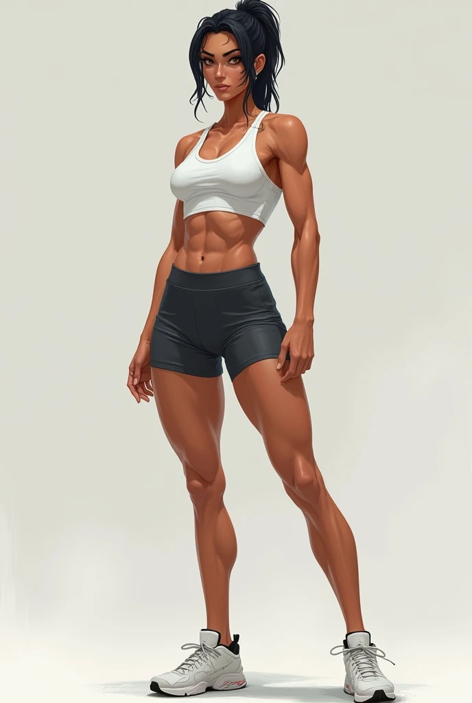 strong girl, gym shorts, bottom view, standing, sweaty, simple black background, simple lighting, lineart, digital painting, hard brush, perfect anatomy, perfect hands, standing with looks down on perspective, looks at the viewer from above, perspective view from below, holds a gym bar