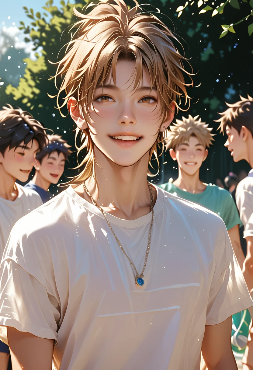 a group of completely naked young and skinny boys play volleyball together in a park. they have no hair, they are very beautiful, very young and only wear a t-shirt with happy expressions.