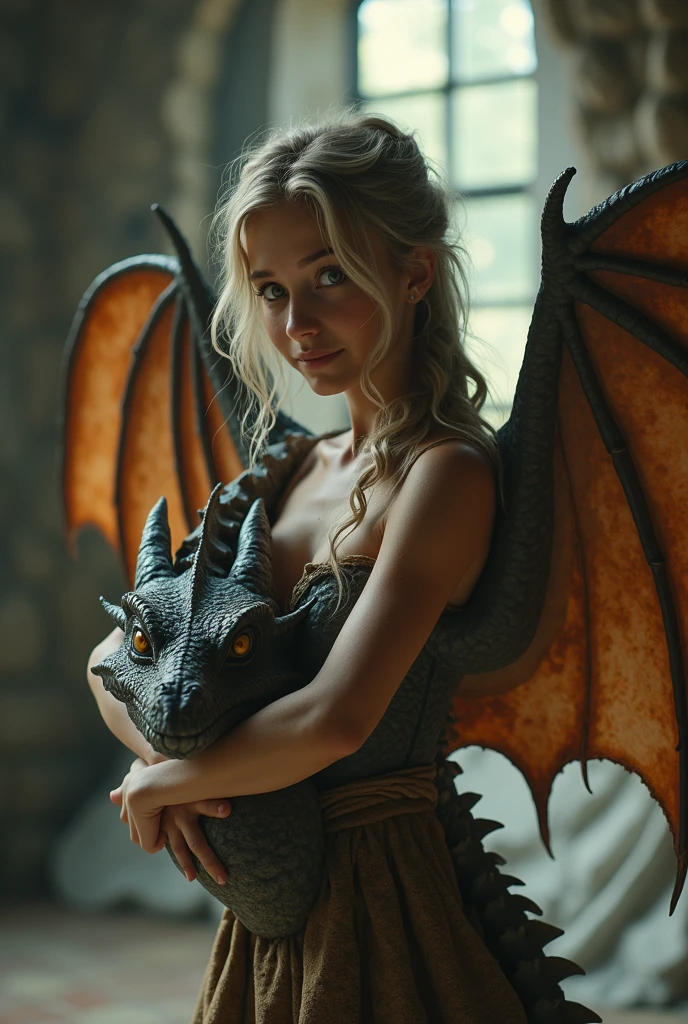 A 20 year old woman and a giant dragon, A 20-year-old woman is wearing a mysterious dress, 20 year old woman with blonde hair, , , beautifully detailed face, The 20-year-old woman has her hair braided., Cinematic lighting effects, A huge dragon in the upper left corner, dynamic composition, dynamic pose, , A 20-year-old woman in the lower right corner, anatomically correct body, 20 year old woman hugging a dragon, The 20-year-old woman has her hair tied up in a bun., The dragon is asleep, , 20 year old woman in beautiful ruffled dress, , , , , Spectacular landscapes, , , , very large dragon, Anatomically correct number of hands, , , Anatomically correct modeling of the legs, , shot to the face,