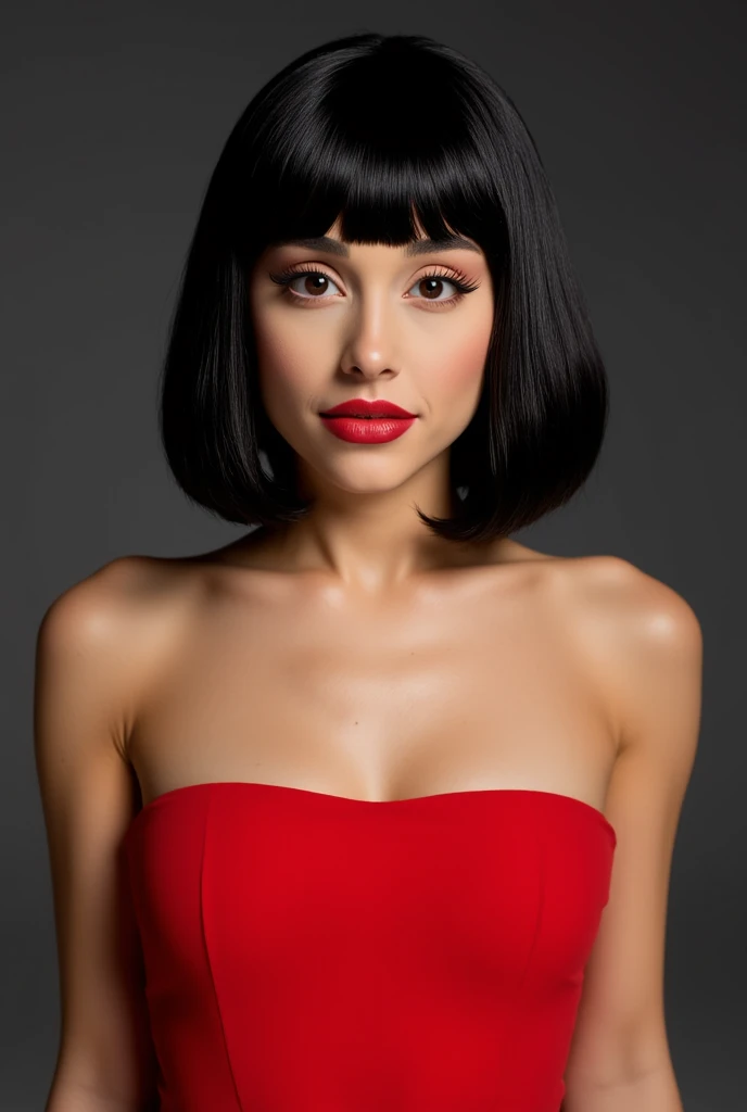 Ariana Grande,standing frontally, detailed face, red strapless dress, black bob cut hair with bangs, seductive