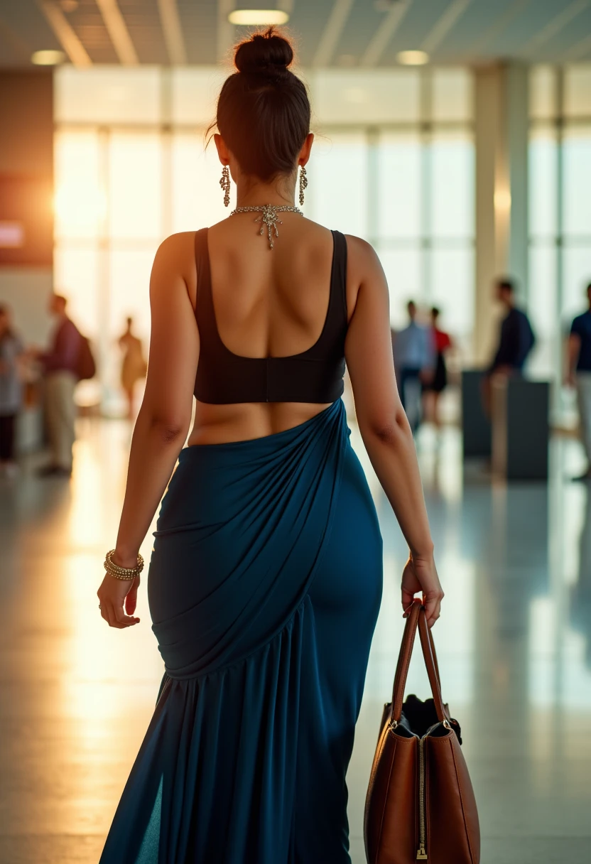 Backside view of woman,Navy blue saree and black sleeveless blouse, sexy curvy body,hair bun, fit and busty woman, showing navel visible in saree, walking in airport, bright sunny day, sunrays penetrating, airport back ground, carrying hand bag in right hand, laeather watch, bindi in forehead, earrings, sexy makeup, navel exposed in saree, tight body, curvy body, red lips, attractive woman, 8k details