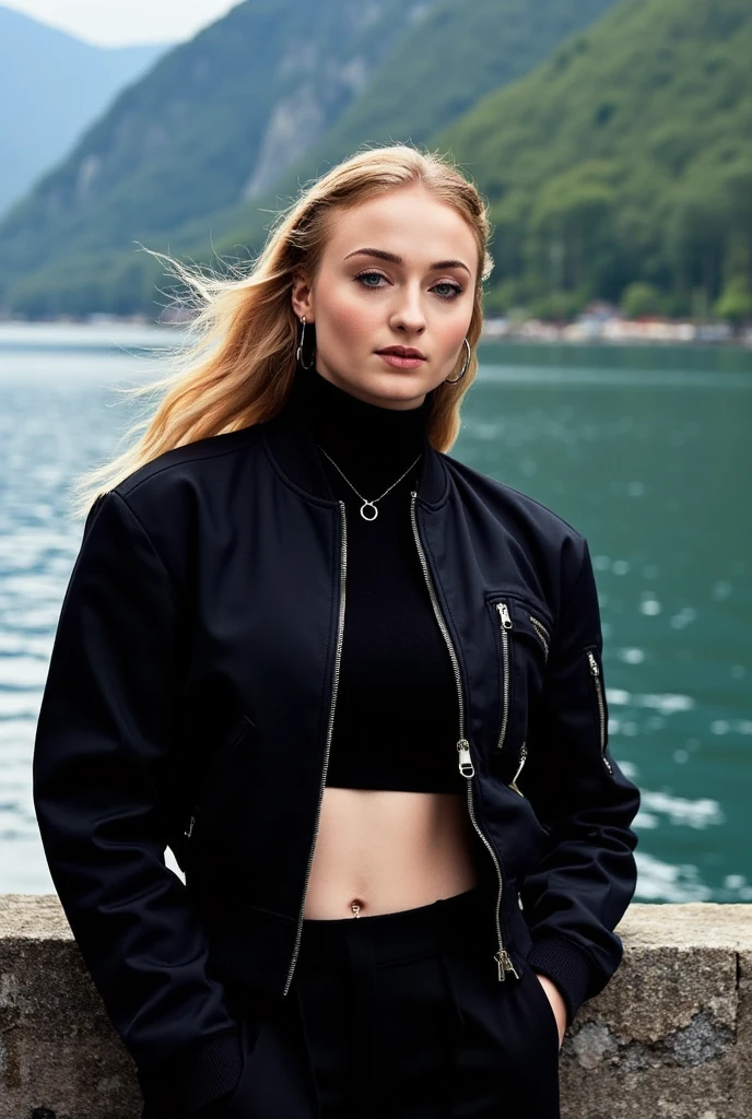 Sophie Turner, open bomber jacket, black midriff turtleneck, navel piercing,on the shore of lake of Como 