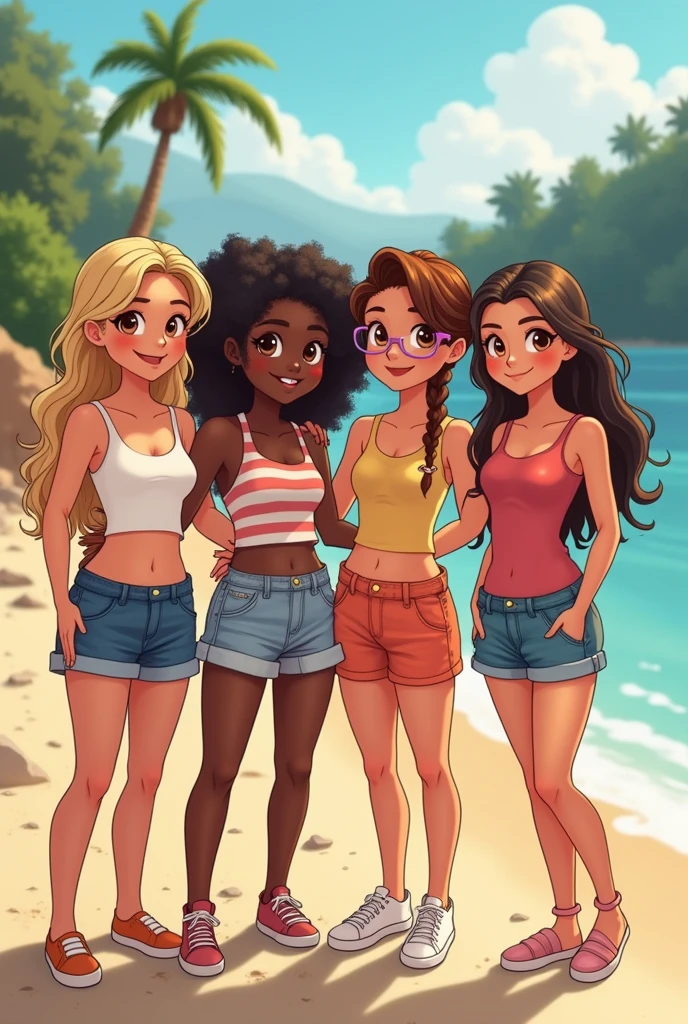 pixel art drawing), beautiful women, sitting on a bench, in a square, one with long blonde hair, white skin, another with brown hair, dark skin, and the last one with black curly hair and a little chubby, outside, plants in the background, with sunlight, relaxed poses, realistic and intricate details, warm colors