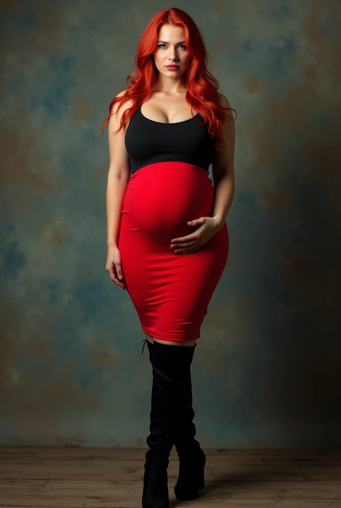 pregnant woman, Portrait of a 55 year old woman with long curly red hair, mature body, mature teacher, sexy smile, 8K, detailed background, surreal, realism, gothic architecture, NSFW, red high neck tight dress, red tight gothic suit, red skirt, showing whole body, whole body, big breasts, perfect breasts,performance, soft lighting, extreme details, long hair, gothic makeup, sensual figure, curvy model, very plump body, sensual body, plus size women, attractive plus size model, pregnant woman,