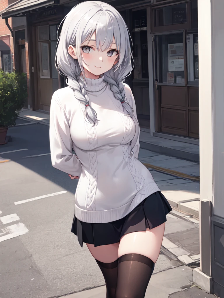Girl in stockings,(in stockings)German,European,Slavic,Sexy,((Skinny)) sporty figure,((dressed in sweater)), But the stocking is visible,(hairstyle: high ponytail) Looks with love,Smiling,Love,gray hair color,(Skinny Legs)Against the backdrop of a cozy home,