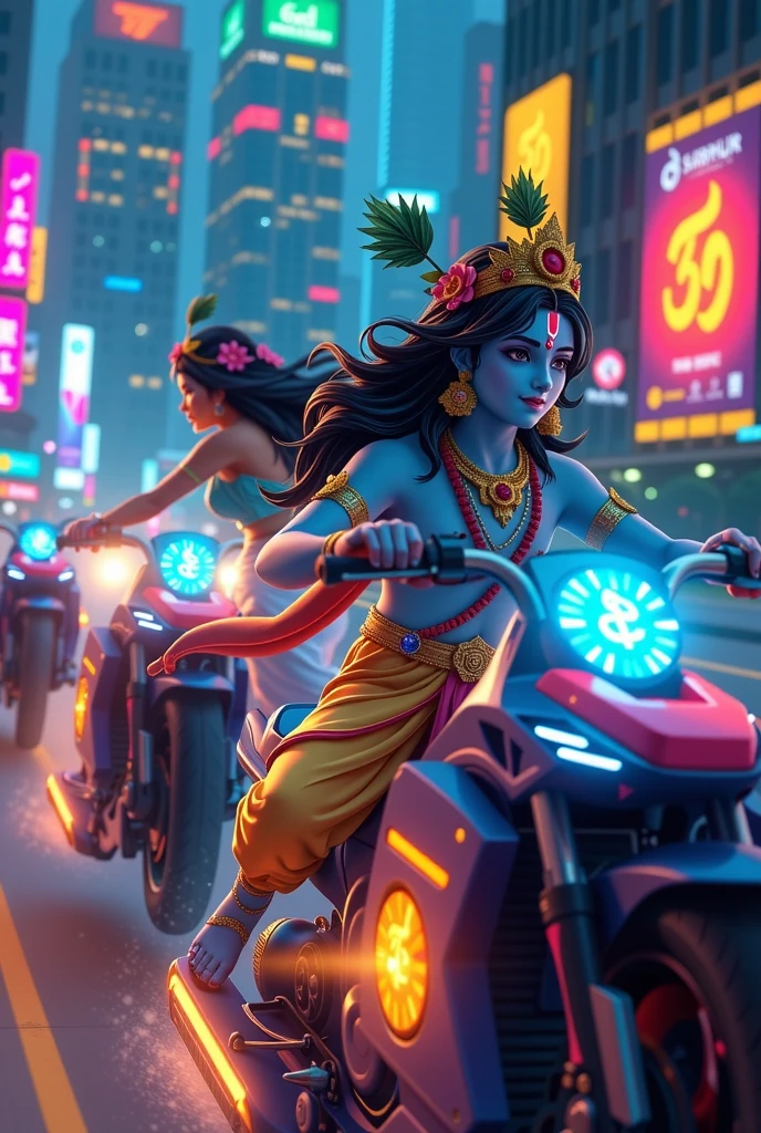 An anime-inspired cyberpunk scene featuring Radha and Krishna riding advanced, futuristic hoverbikes through a neon-lit city at night. Radha, with glowing golden-white skin radiating divine light, has captivating beauty enhanced by dark, flowing hair adorned with delicate flowers and an ornate crown. She wears a flowing, blue and pink futuristic dress with subtle glowing threads and a vivid red tilak on her forehead. Krishna, with radiant blue skin glowing ethereally, exudes divine charm, holding his iconic flute while a shimmering peacock feather crowns his futuristic yellow and red attire. The sleek hoverbikes glow with neon accents, leaving luminous trails. The expansive cyberpunk cityscape features towering skyscrapers, holographic advertisements, swirling neon lights, and Sanskrit-inspired glowing glyphs. Mist and streaks of light merge their divine aura with the bustling cyberpunk energy.