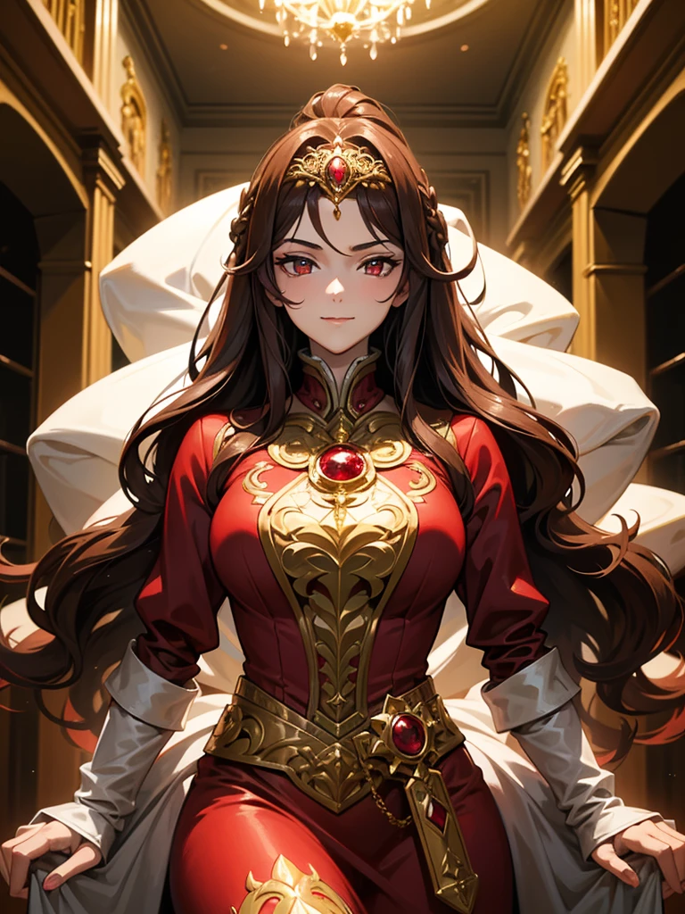 make a character well dressed with red and scarlet eyes and beautiful brown hair and well dressed with a Batalhaa costume and a look of Superiority