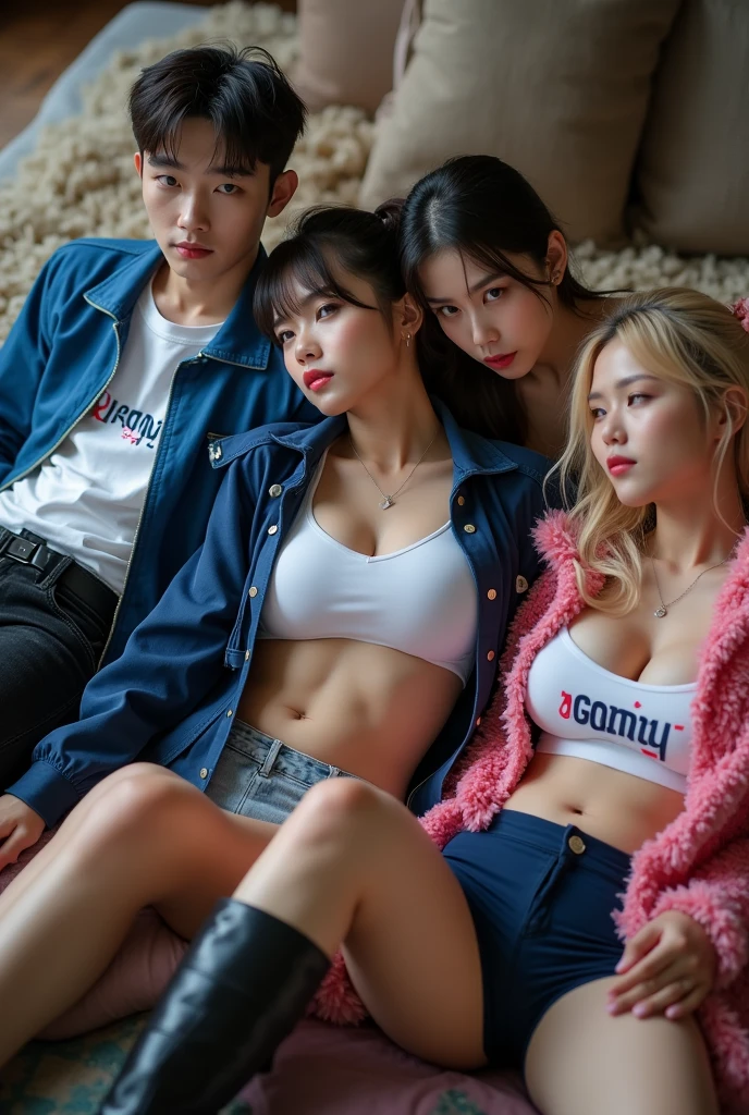 (A group of boys tightly surrounds a girl,The boys hold a girl with huge boobs from different directions:1.5),(only girl,Extremely young girl,Spread your legs wide,Crab crotch,huge boob,A seductive smile),(She lifts her skirt to reveal her white panties:1.3),(Stylish hairstyle,Design intricate hairstyles,Hair of many colors,random color hair,Cute hairstyle,Multi-colored hair,Rainbow color pick-dye,Asymmetrical hairstyle)